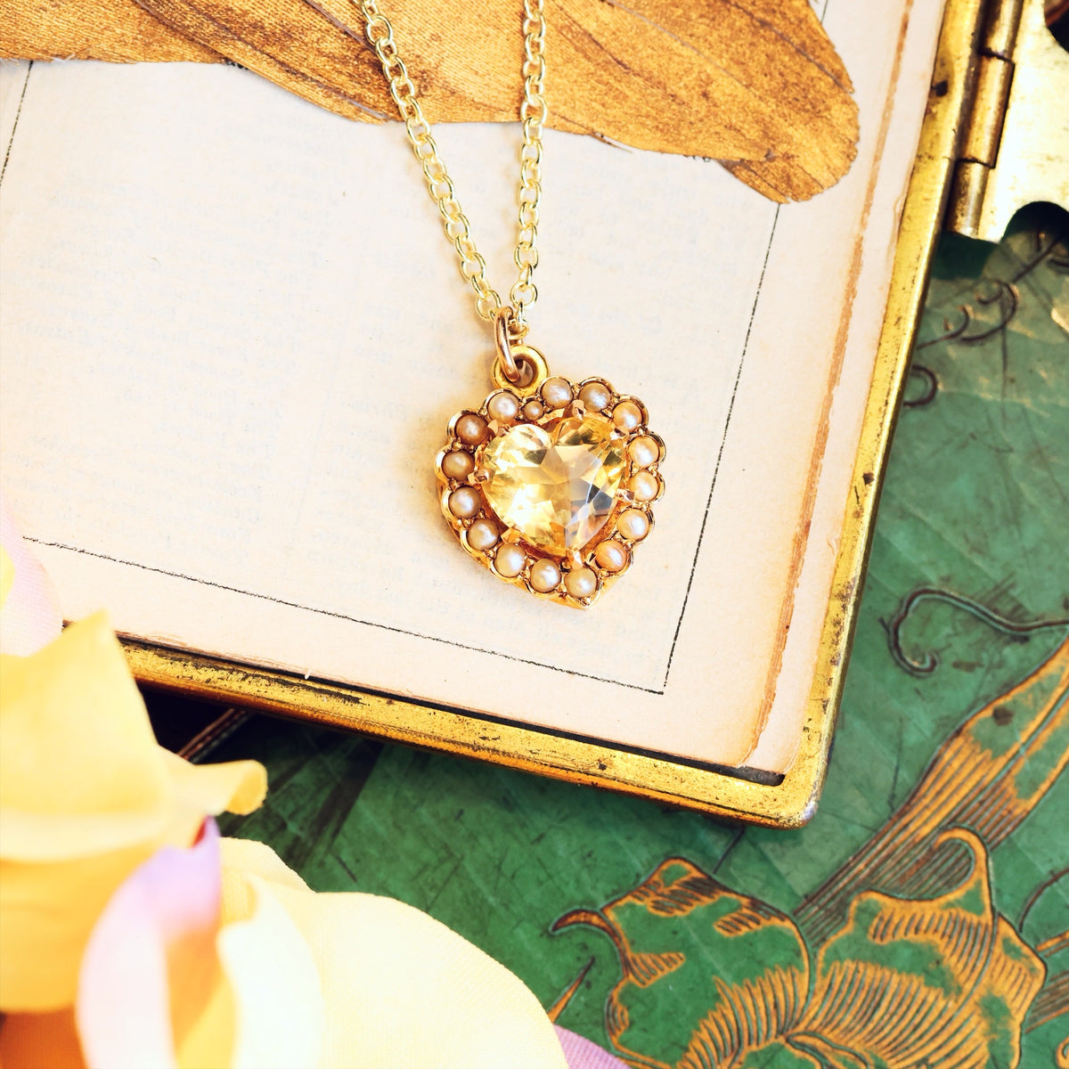Antique 15ct Gold Citrine & Seed Pearl Heart Pendant