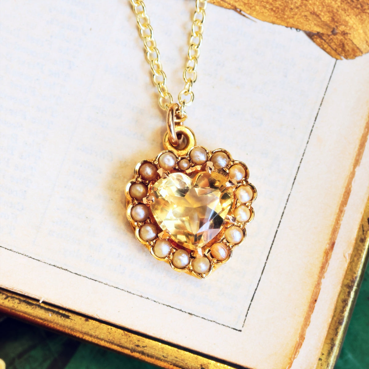 Antique 15ct Gold Citrine & Seed Pearl Heart Pendant