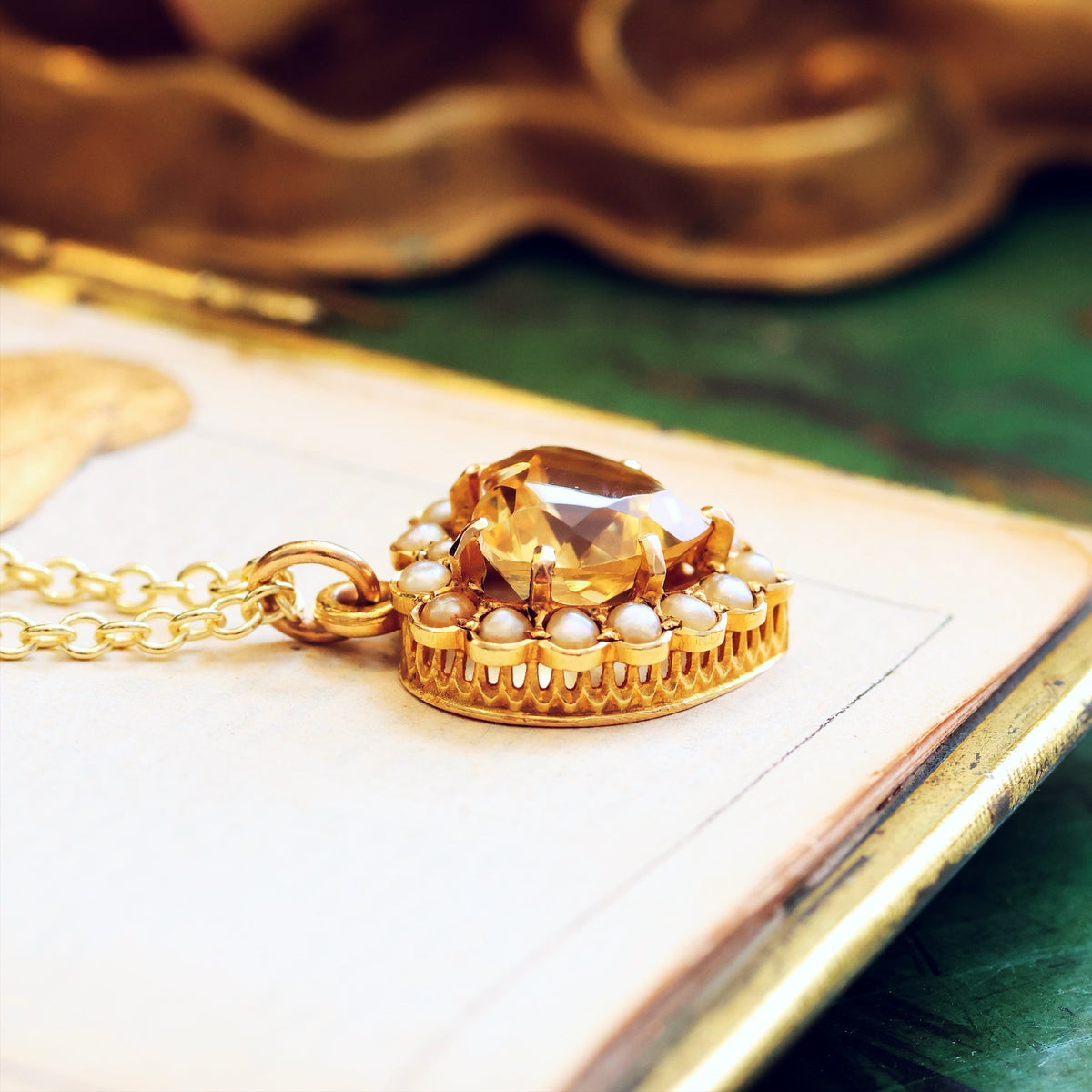 Antique 15ct Gold Citrine & Seed Pearl Heart Pendant