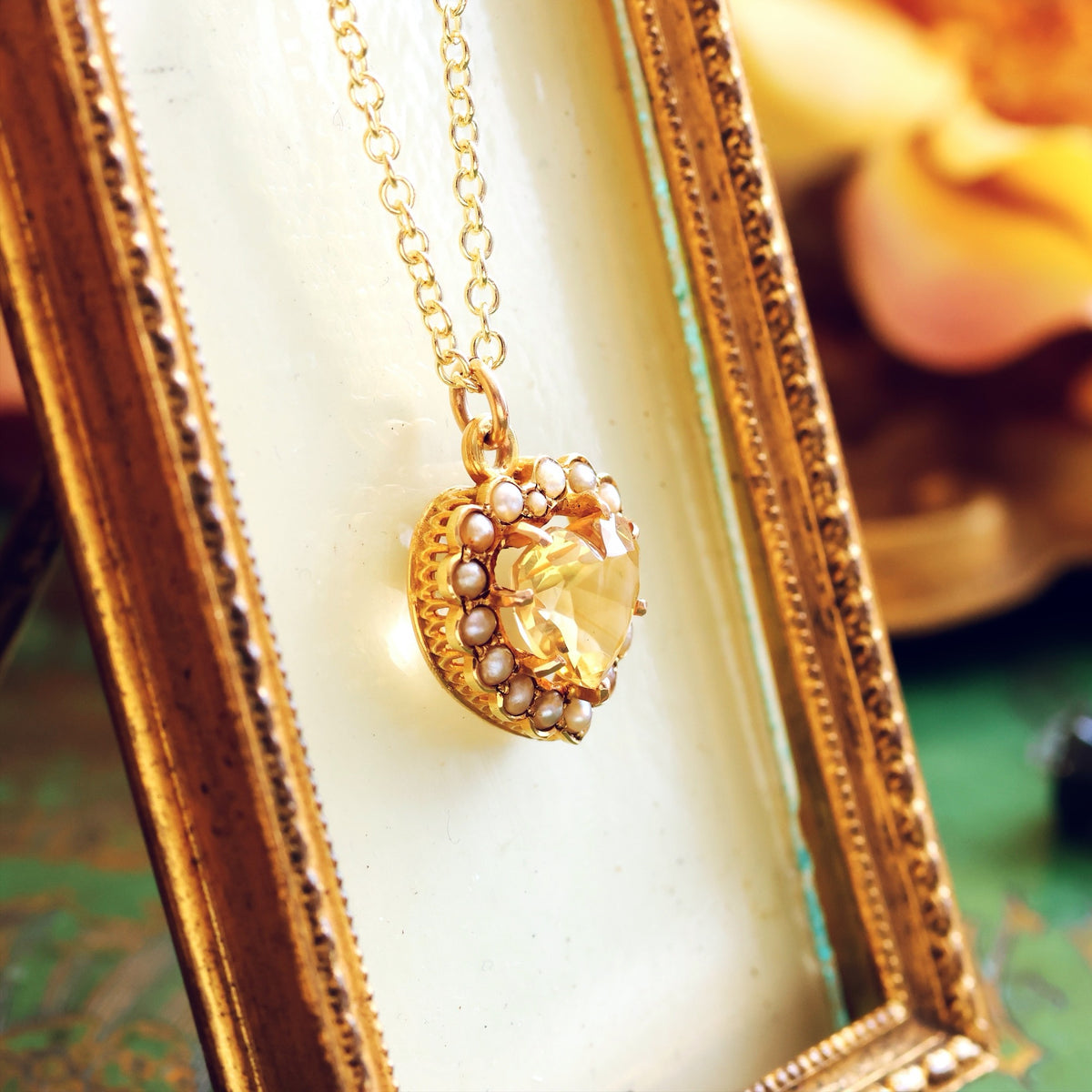 Antique 15ct Gold Citrine & Seed Pearl Heart Pendant