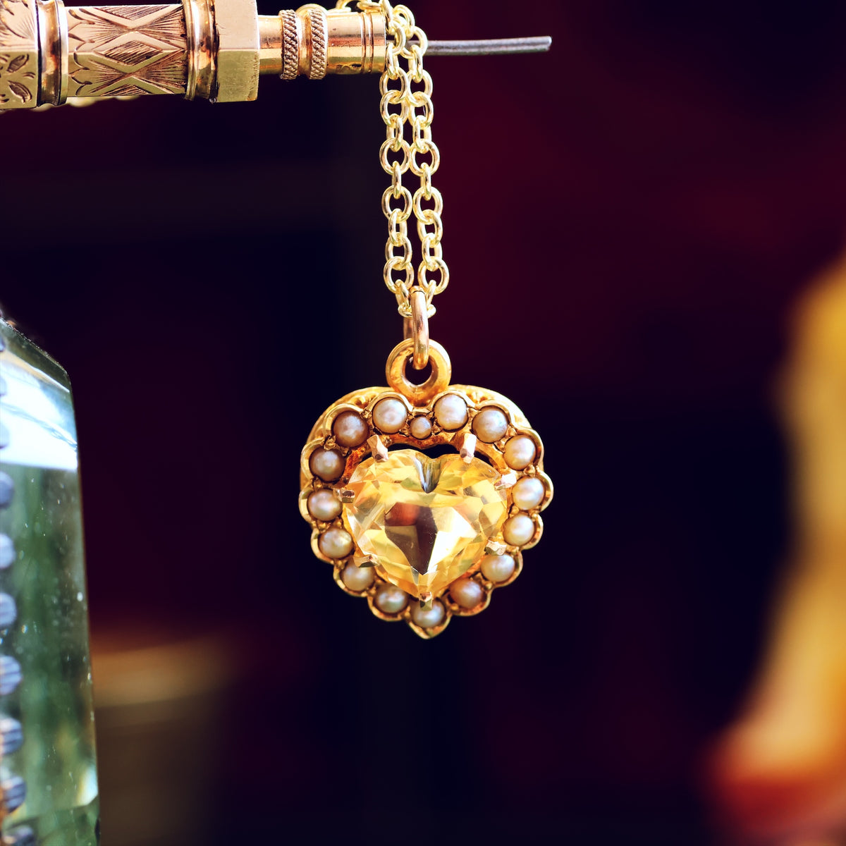 Vintage 15ct Citrine & Seed Pearl Heart Shaped Pendant