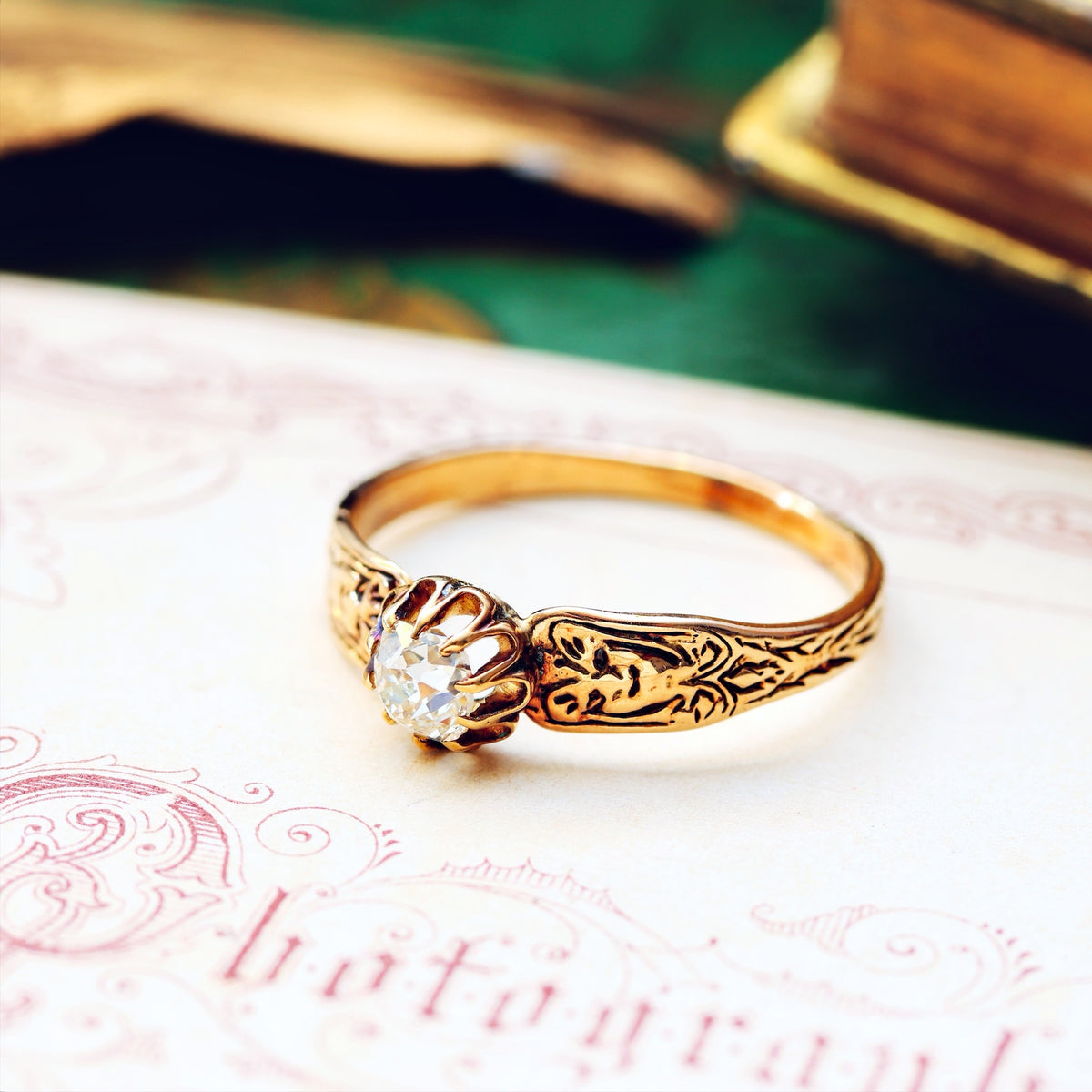 Vintage Rose Gold Gothic Diamond Engagement Ring