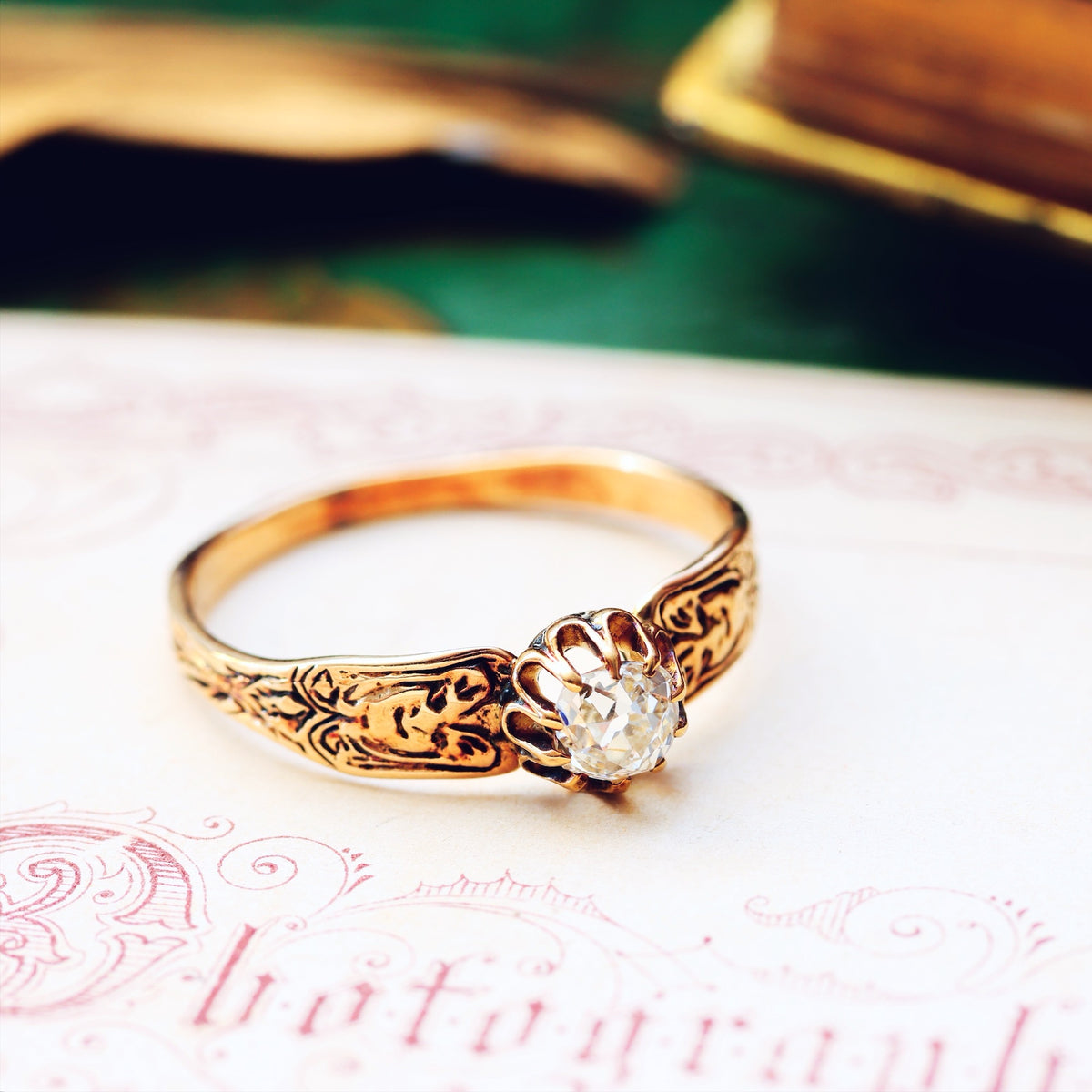 Vintage Rose Gold Gothic Diamond Engagement Ring