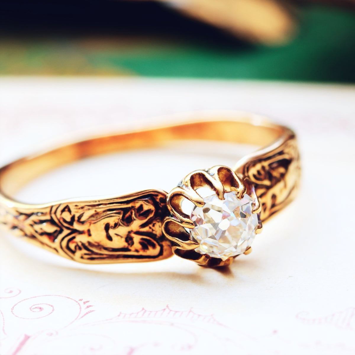 Vintage Rose Gold Gothic Diamond Engagement Ring