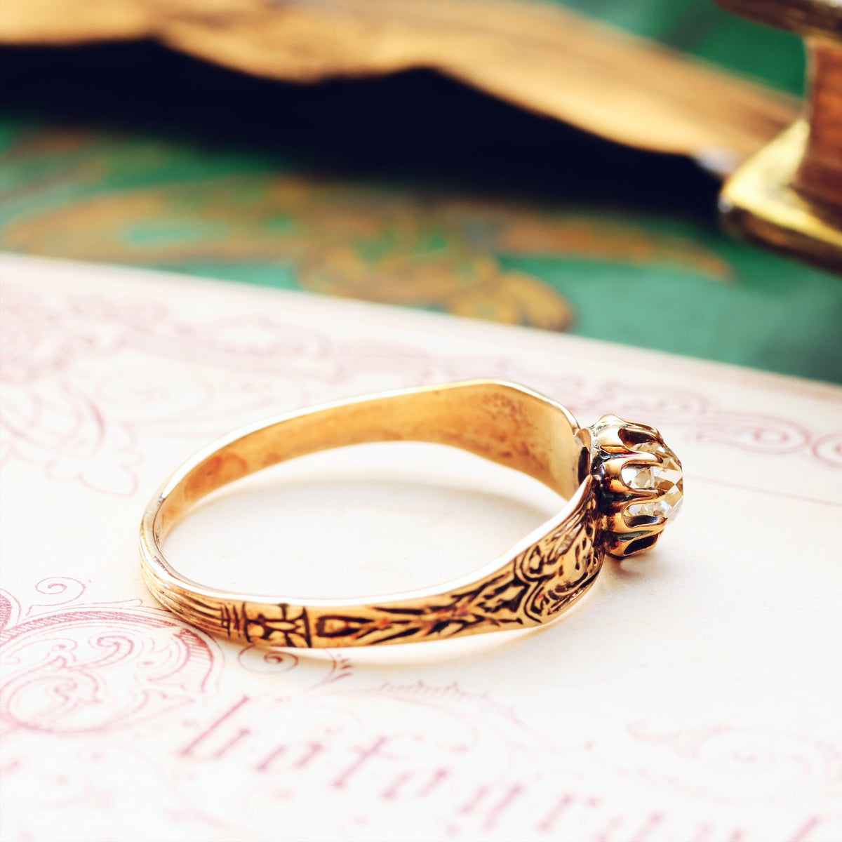 Vintage Rose Gold Gothic Diamond Engagement Ring