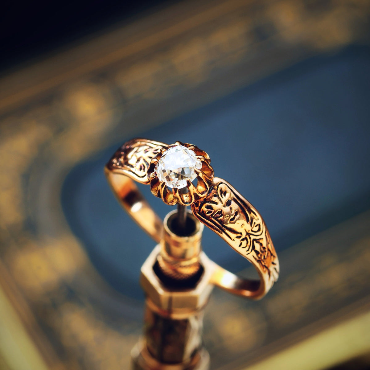 Vintage Rose Gold Gothic Diamond Engagement Ring