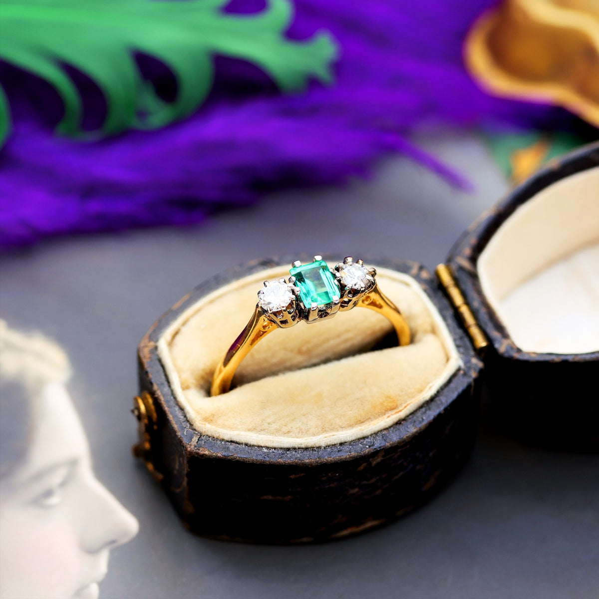 Pristine Vintage Emerald & Diamond Trilogy Engagement Ring