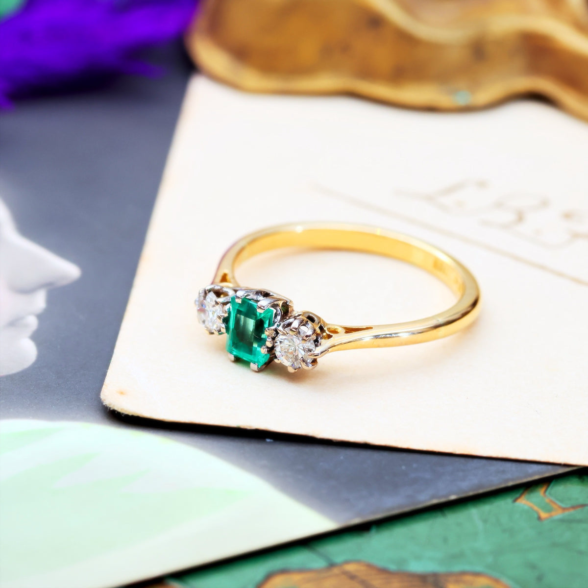 Pristine Vintage Emerald & Diamond Trilogy Engagement Ring
