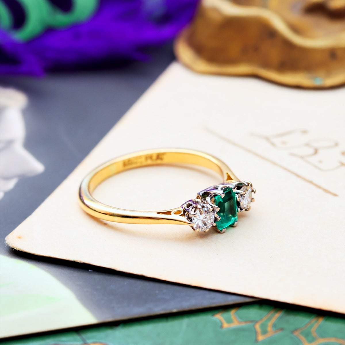 Pristine Vintage Emerald & Diamond Trilogy Engagement Ring