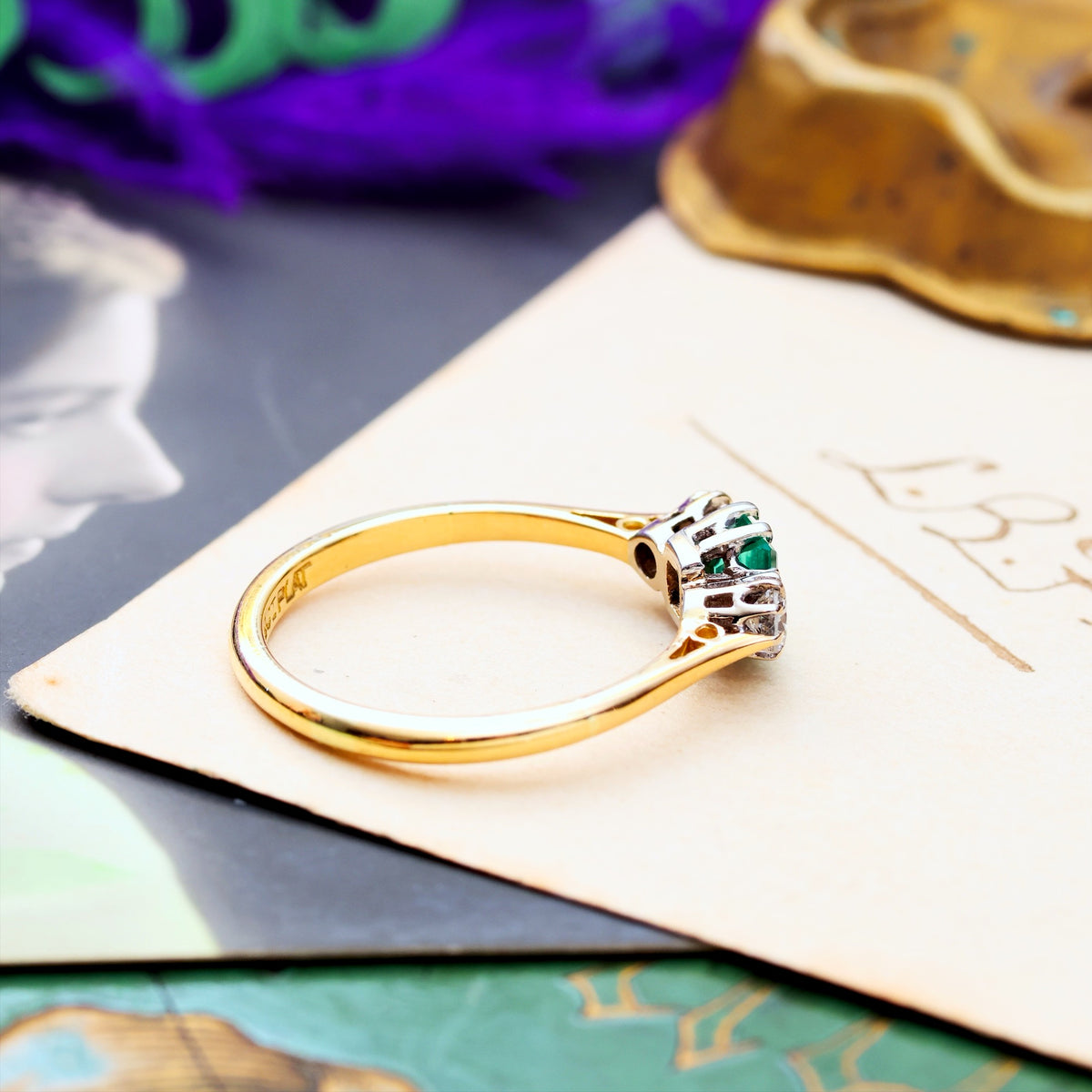 Pristine Vintage Emerald & Diamond Trilogy Engagement Ring