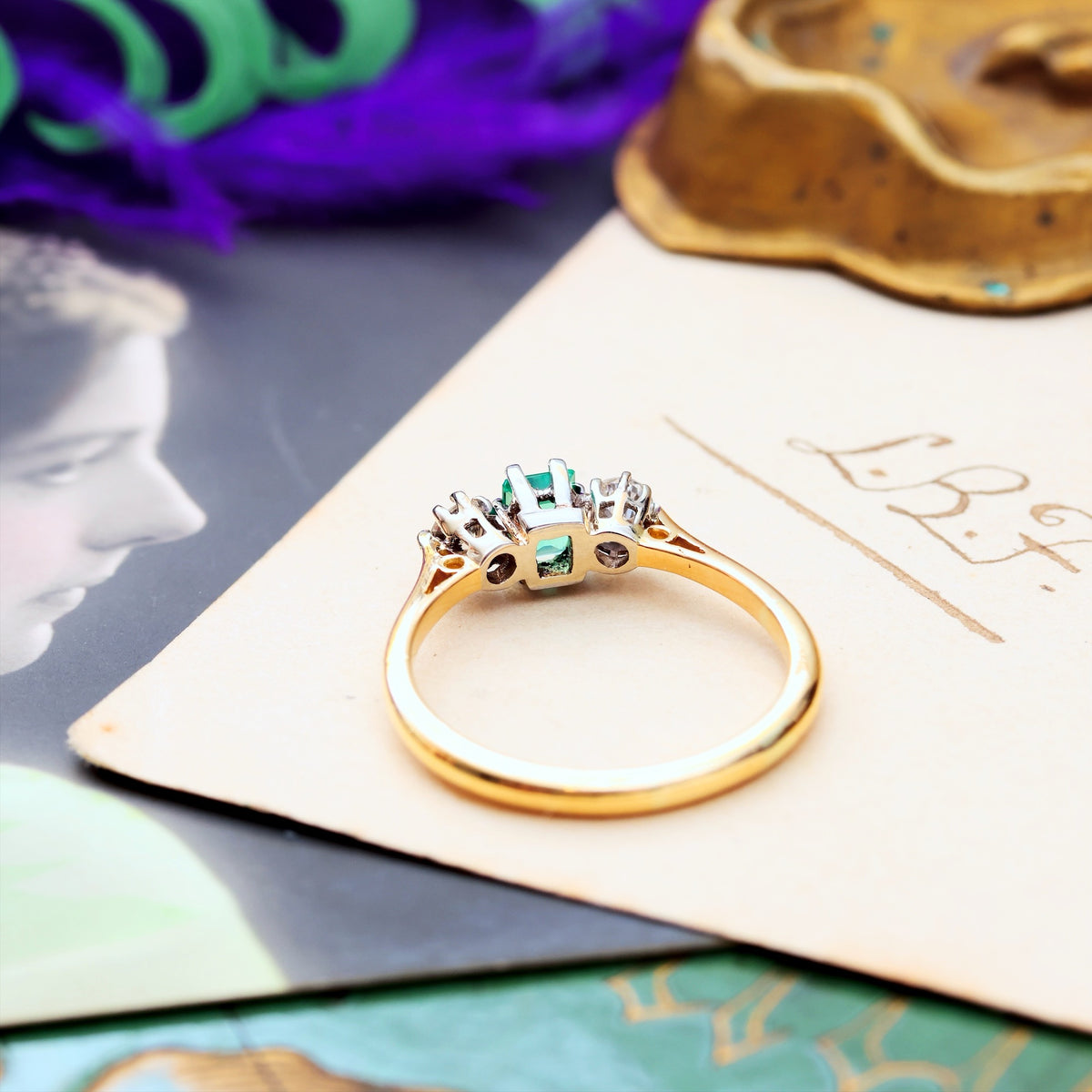 Pristine Vintage Emerald & Diamond Trilogy Engagement Ring