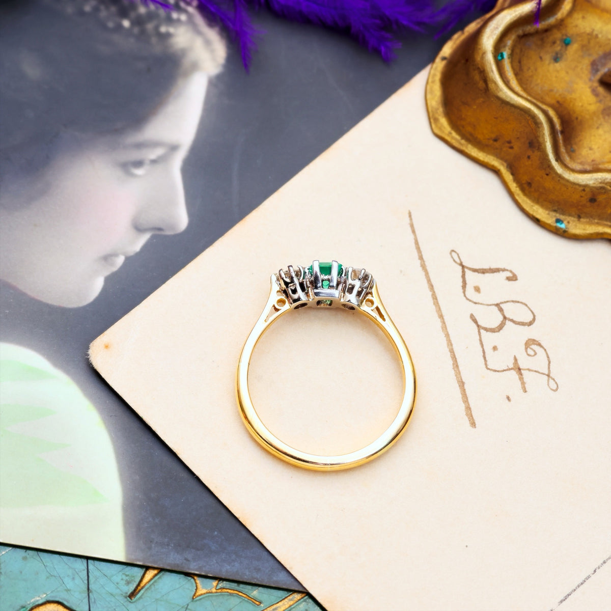 Pristine Vintage Emerald & Diamond Trilogy Engagement Ring