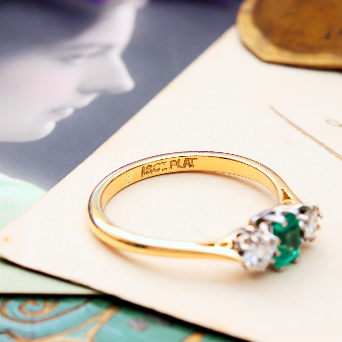 Pristine Vintage Emerald & Diamond Trilogy Engagement Ring