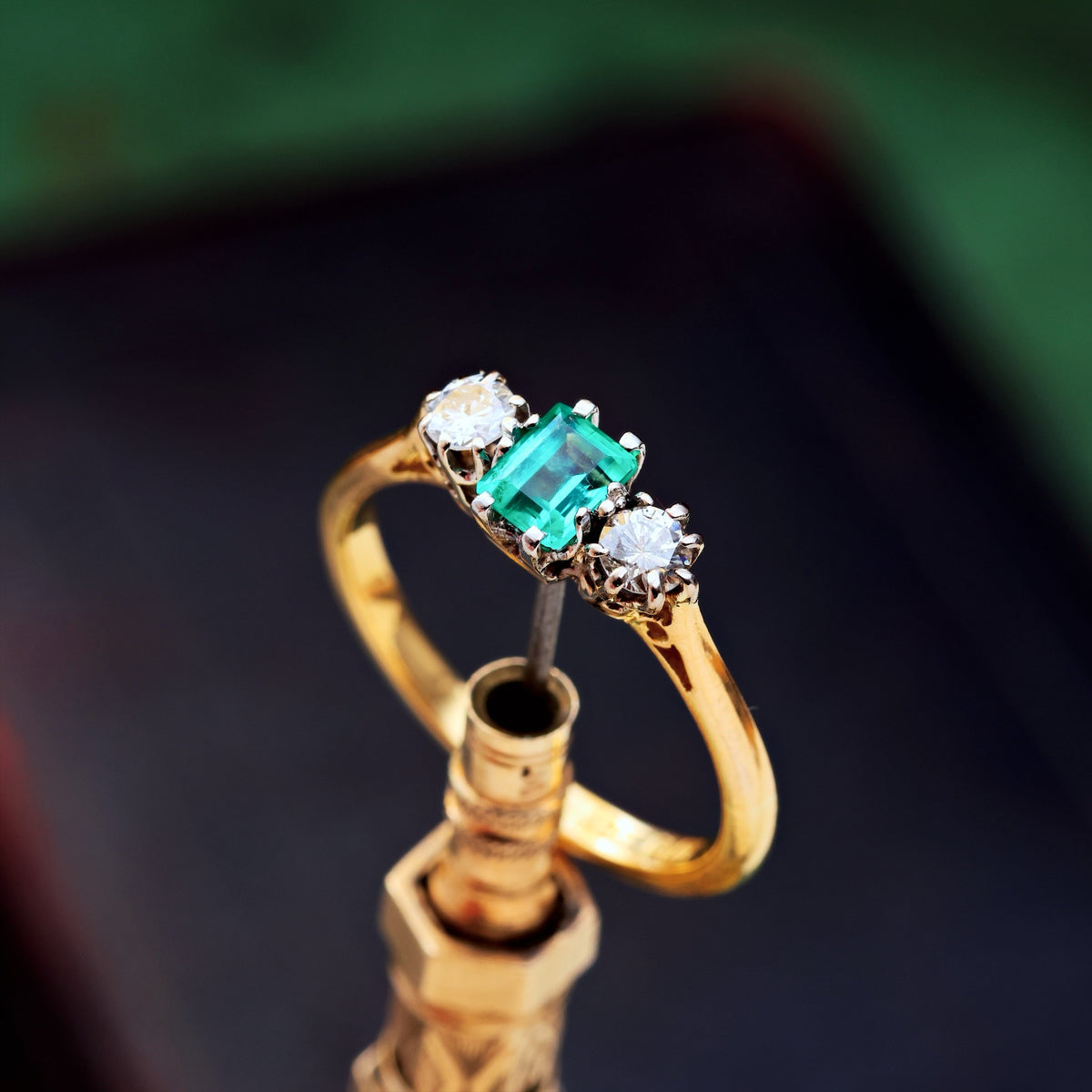 Pristine Vintage Emerald & Diamond Trilogy Engagement Ring