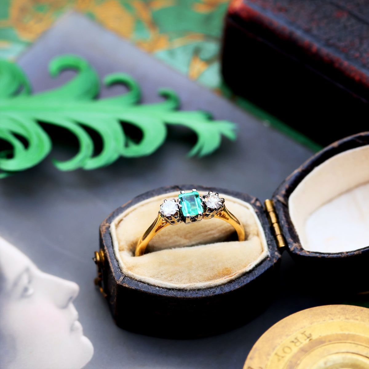 Pristine Vintage Emerald & Diamond Trilogy Engagement Ring