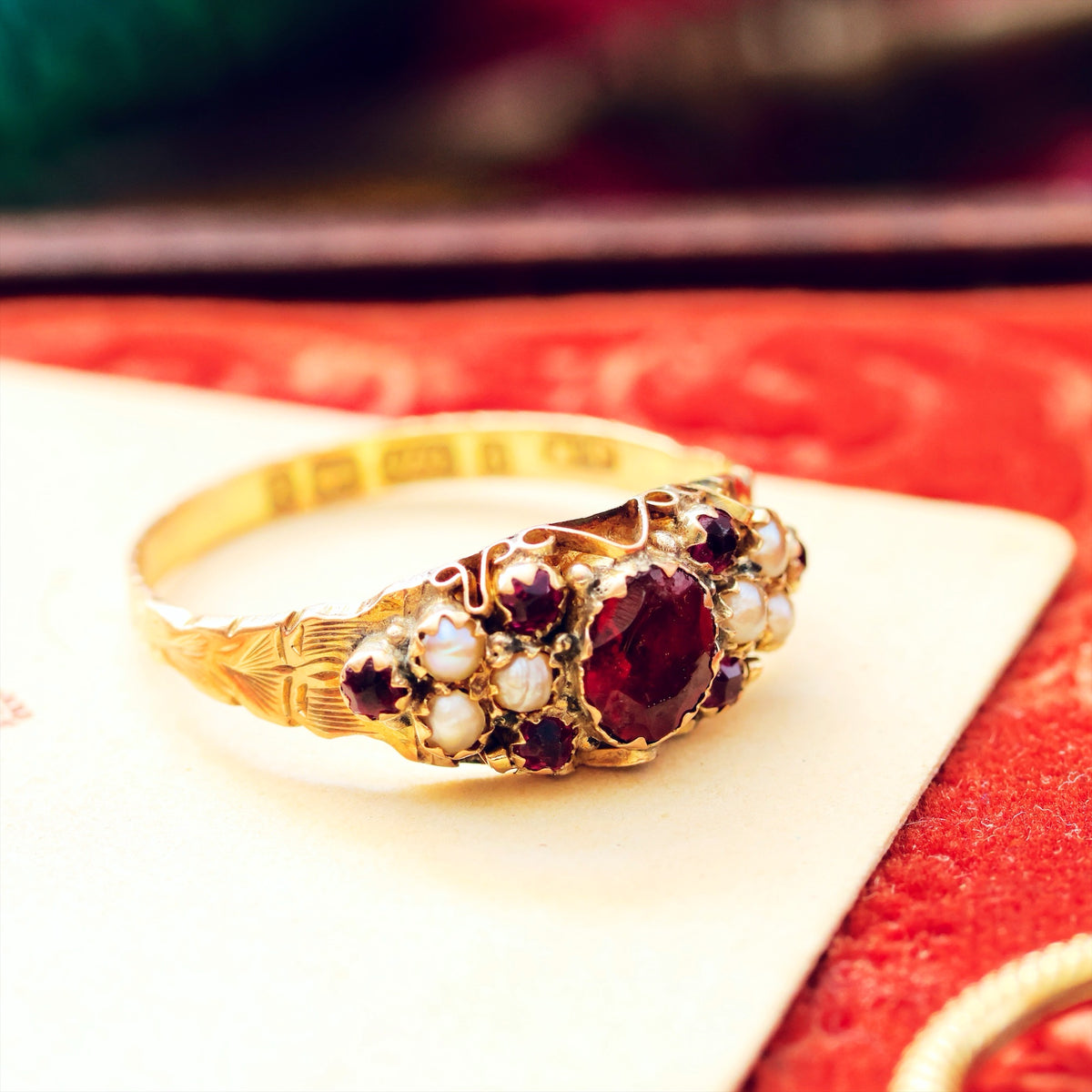 Date 1883 Cannetille Garnet & Wild Pearl Ring