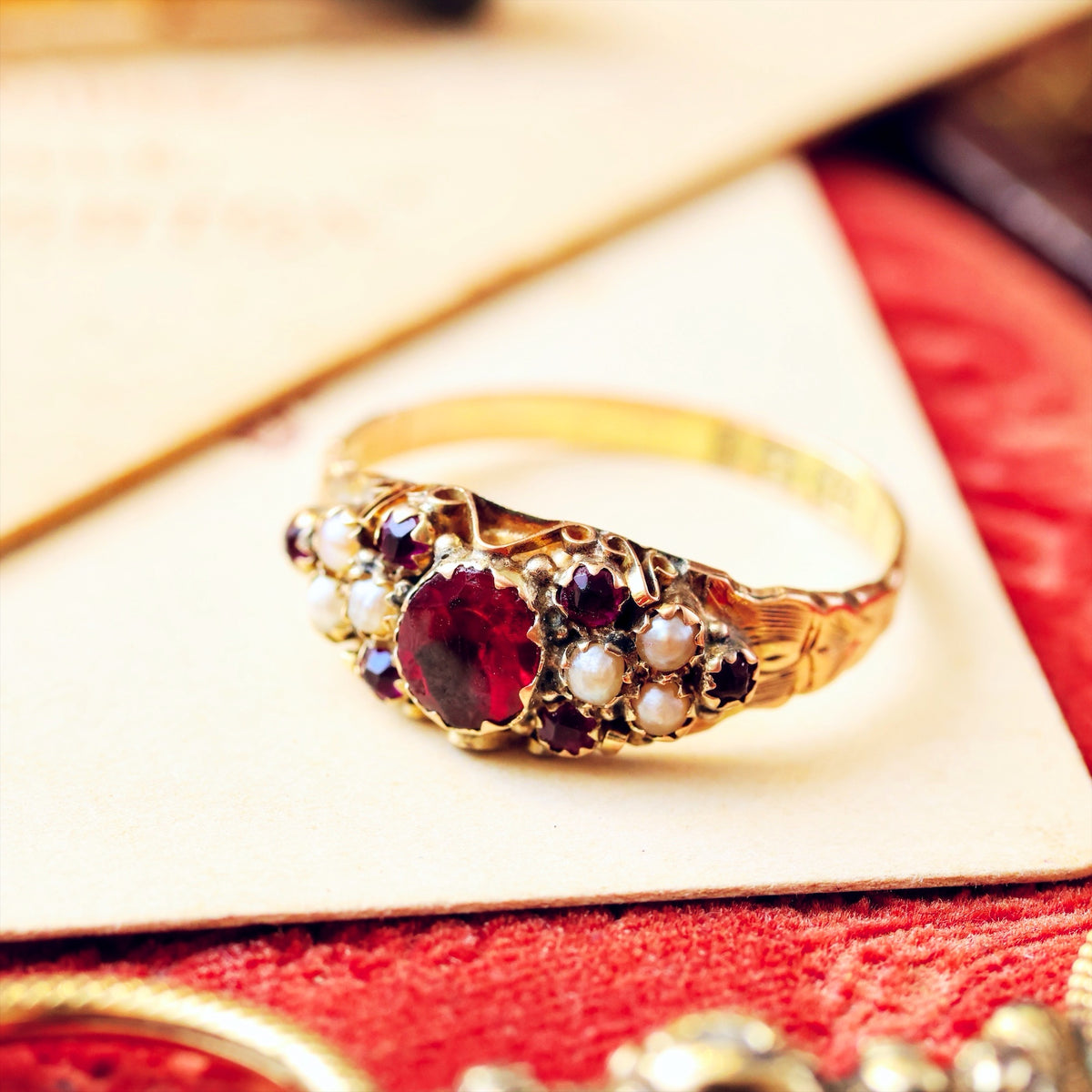Date 1883 Cannetille Garnet & Wild Pearl Ring