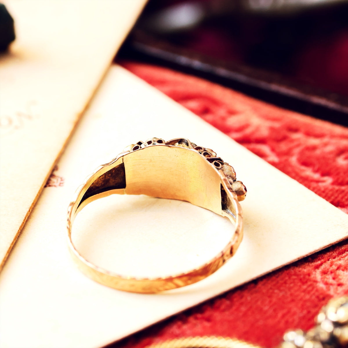 Date 1883 Cannetille Garnet & Wild Pearl Ring