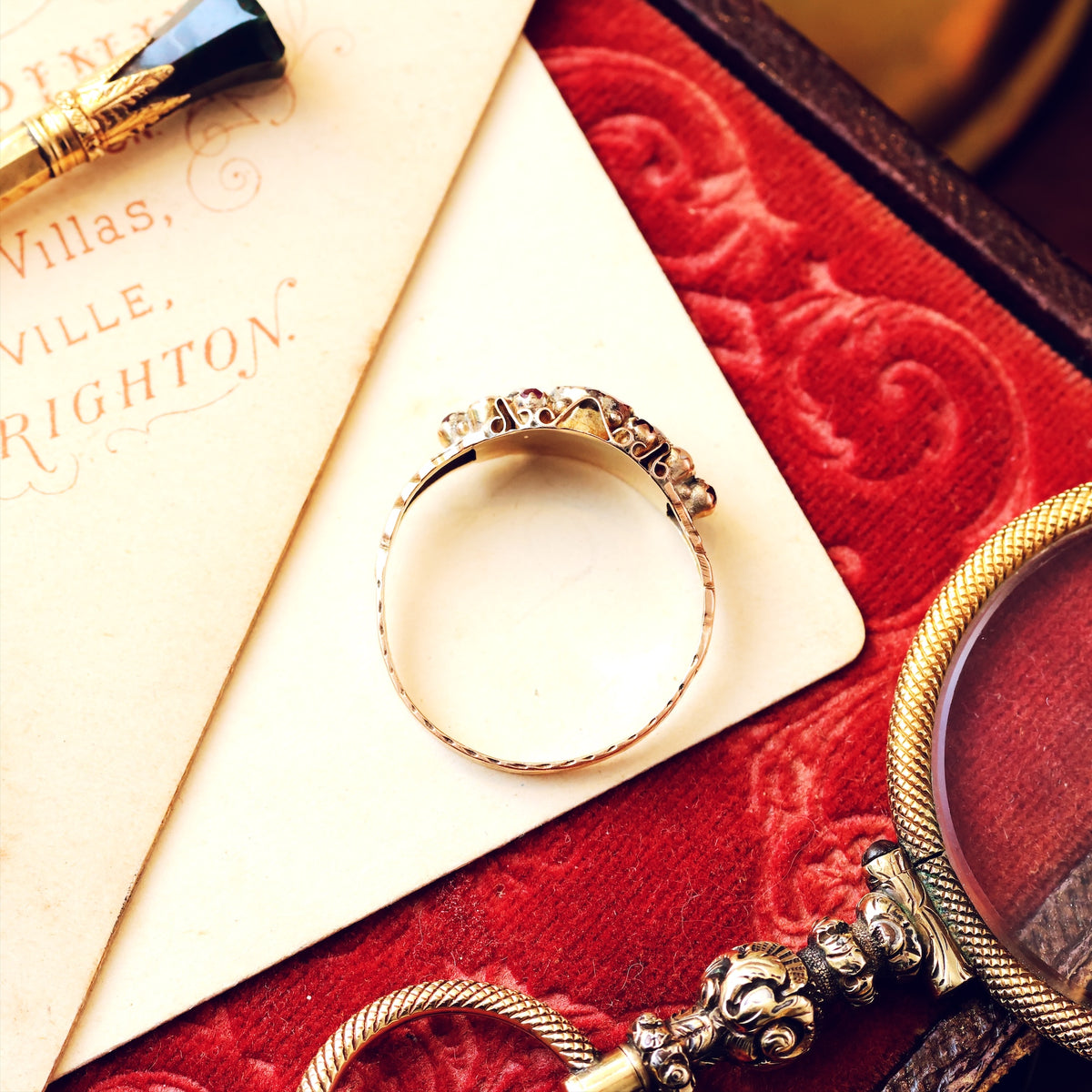 Date 1883 Cannetille Garnet & Wild Pearl Ring