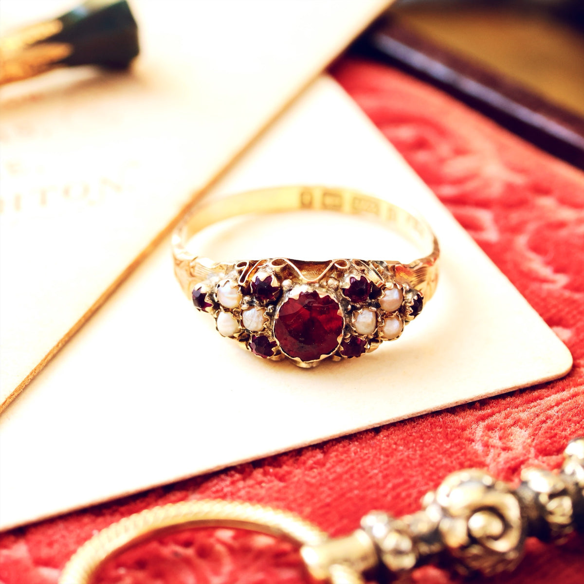 Date 1883 Cannetille Garnet & Wild Pearl Ring