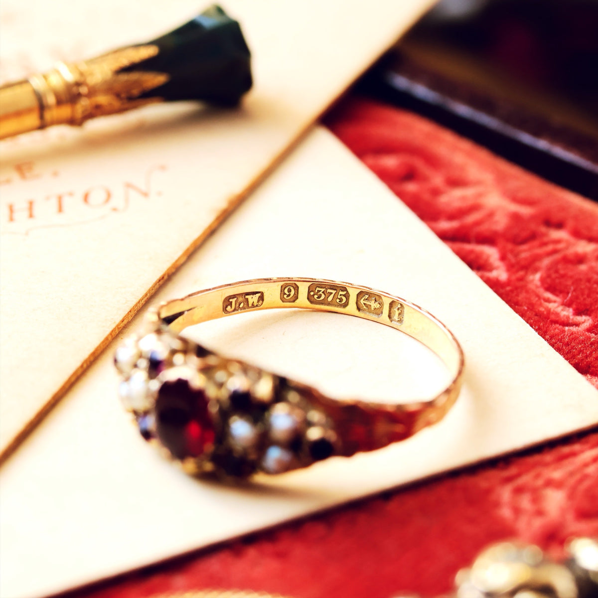 Date 1883 Cannetille Garnet & Wild Pearl Ring