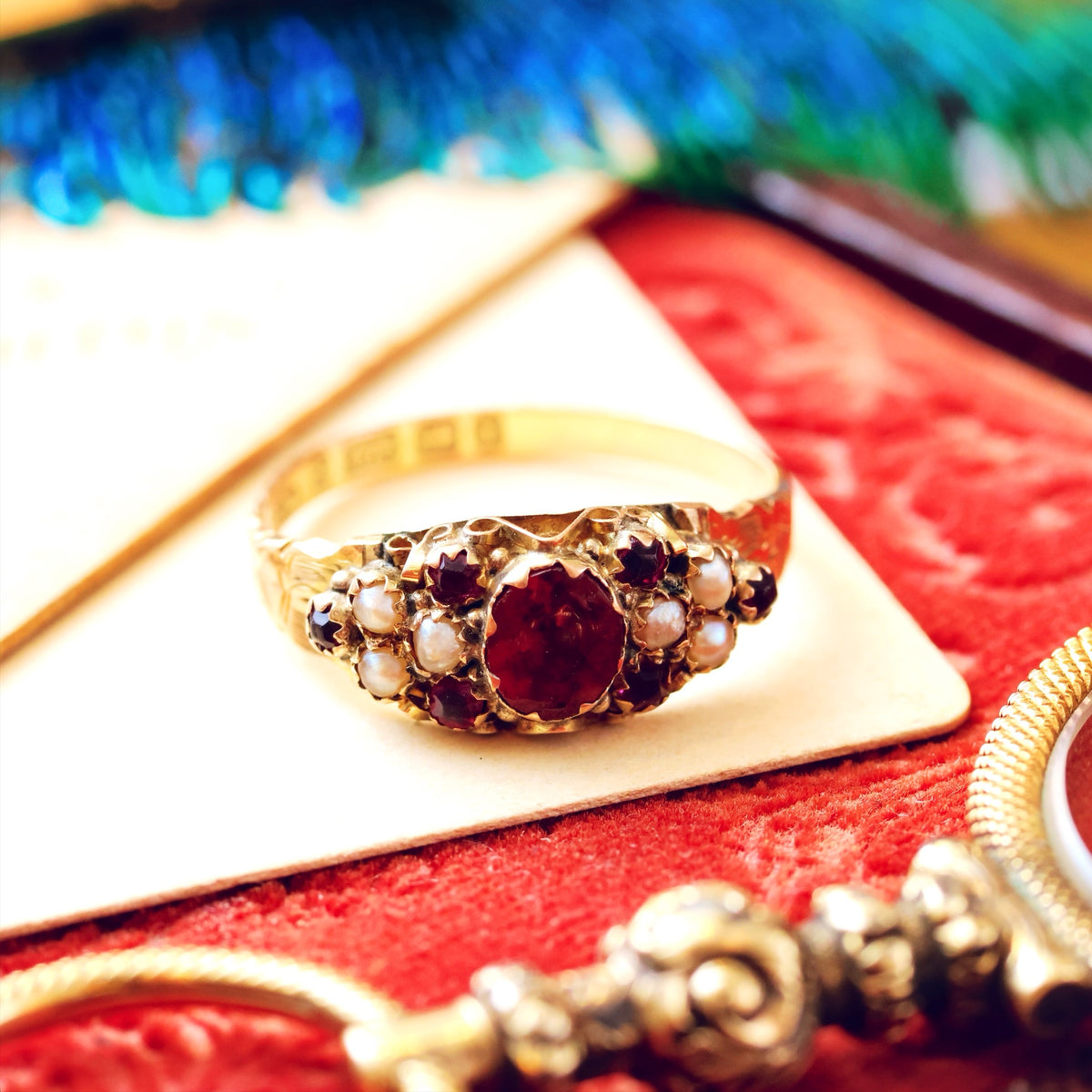 Date 1883 Cannetille Garnet & Wild Pearl Ring