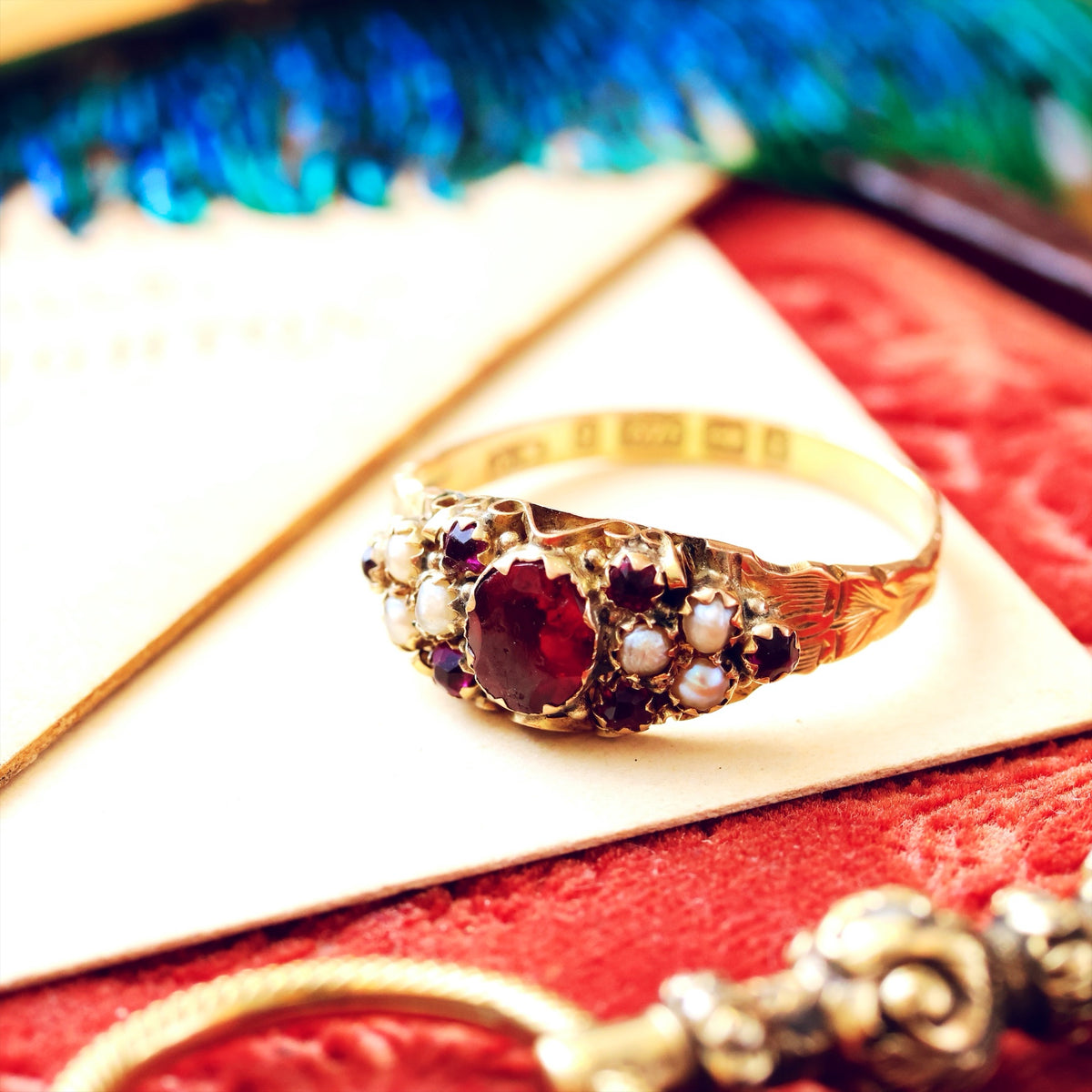 Date 1883 Cannetille Garnet & Wild Pearl Ring