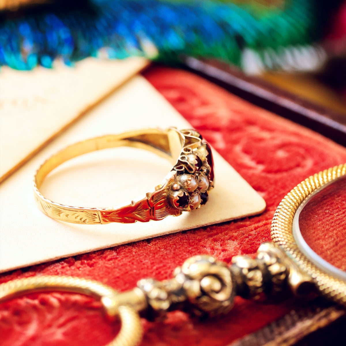Date 1883 Cannetille Garnet & Wild Pearl Ring