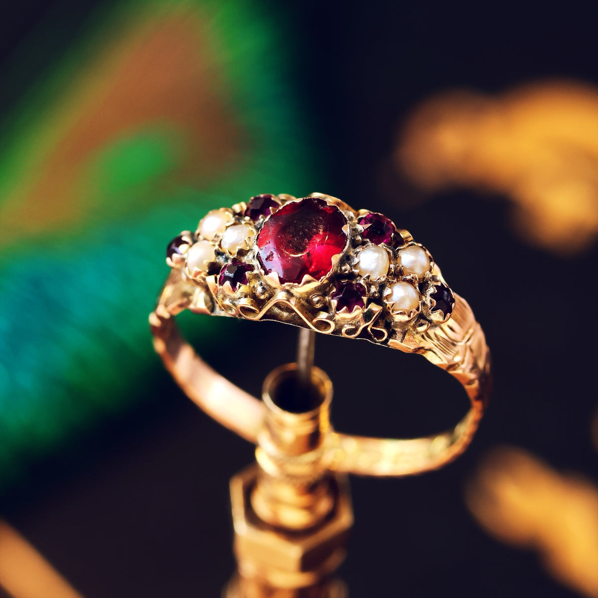 Date 1883 Cannetille Garnet & Wild Pearl Ring