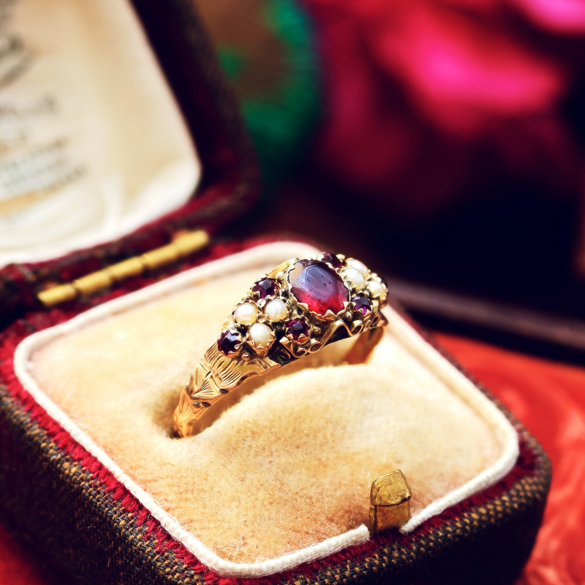 Date 1883 Cannetille Garnet & Wild Pearl Ring