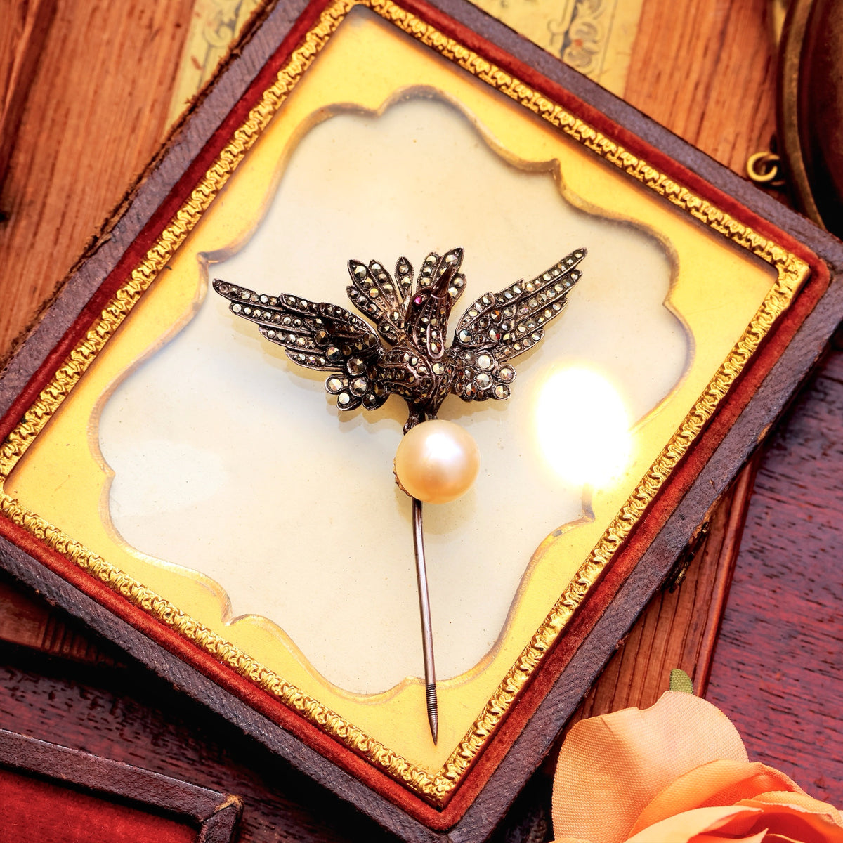 Ornate Antique Edwardian Silver, Marcasite & Pearl Stick Pin