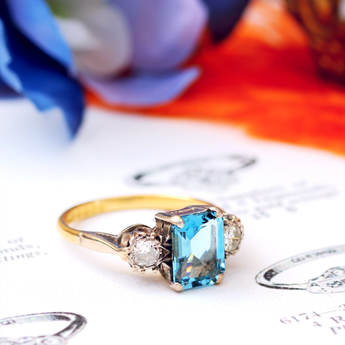 Vintage Top Quality Aquamarine & Diamond Trilogy Ring