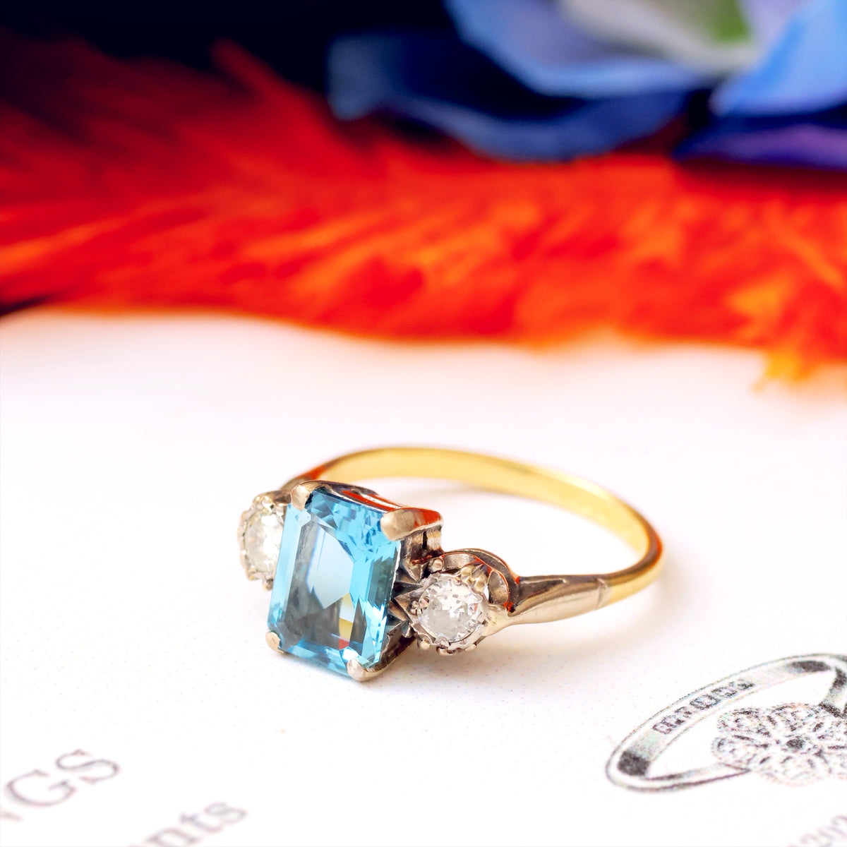 Vintage Top Quality Aquamarine & Diamond Trilogy Ring