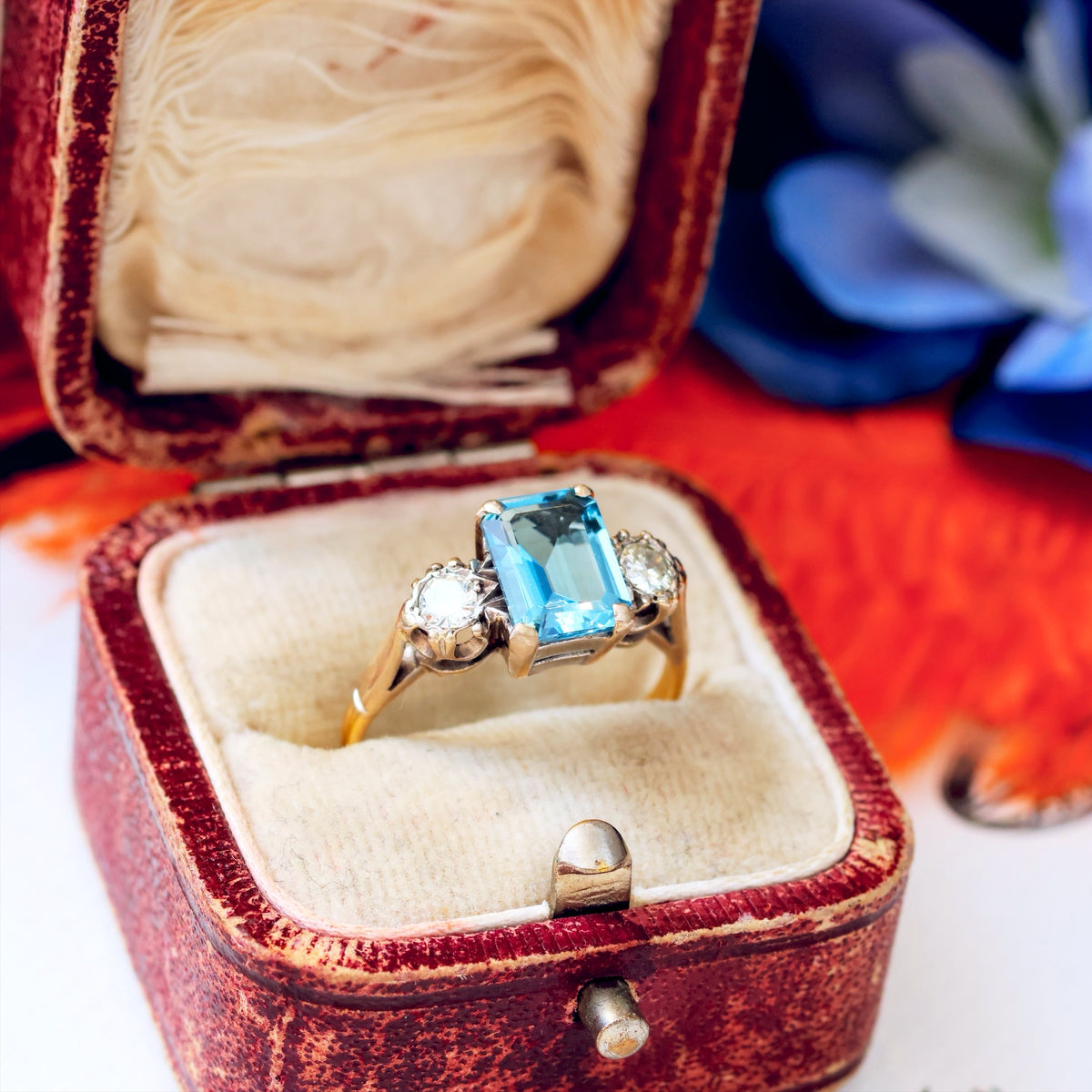 Vintage Top Quality Aquamarine & Diamond Trilogy Ring