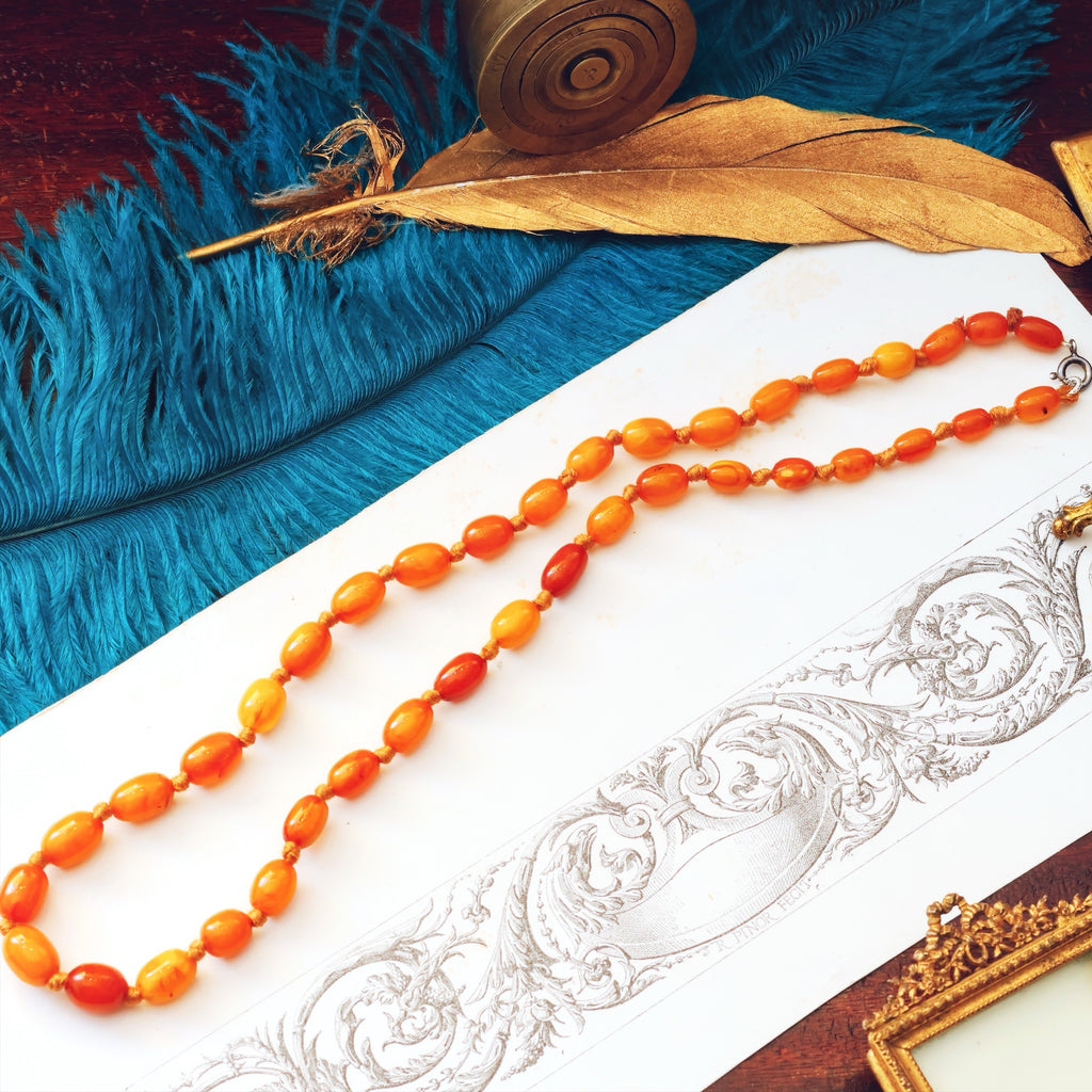 Collier Ancien En Ambre Vintage - Bijou Costume Rétro, Jaune, Occasion, Fabriqué En France !