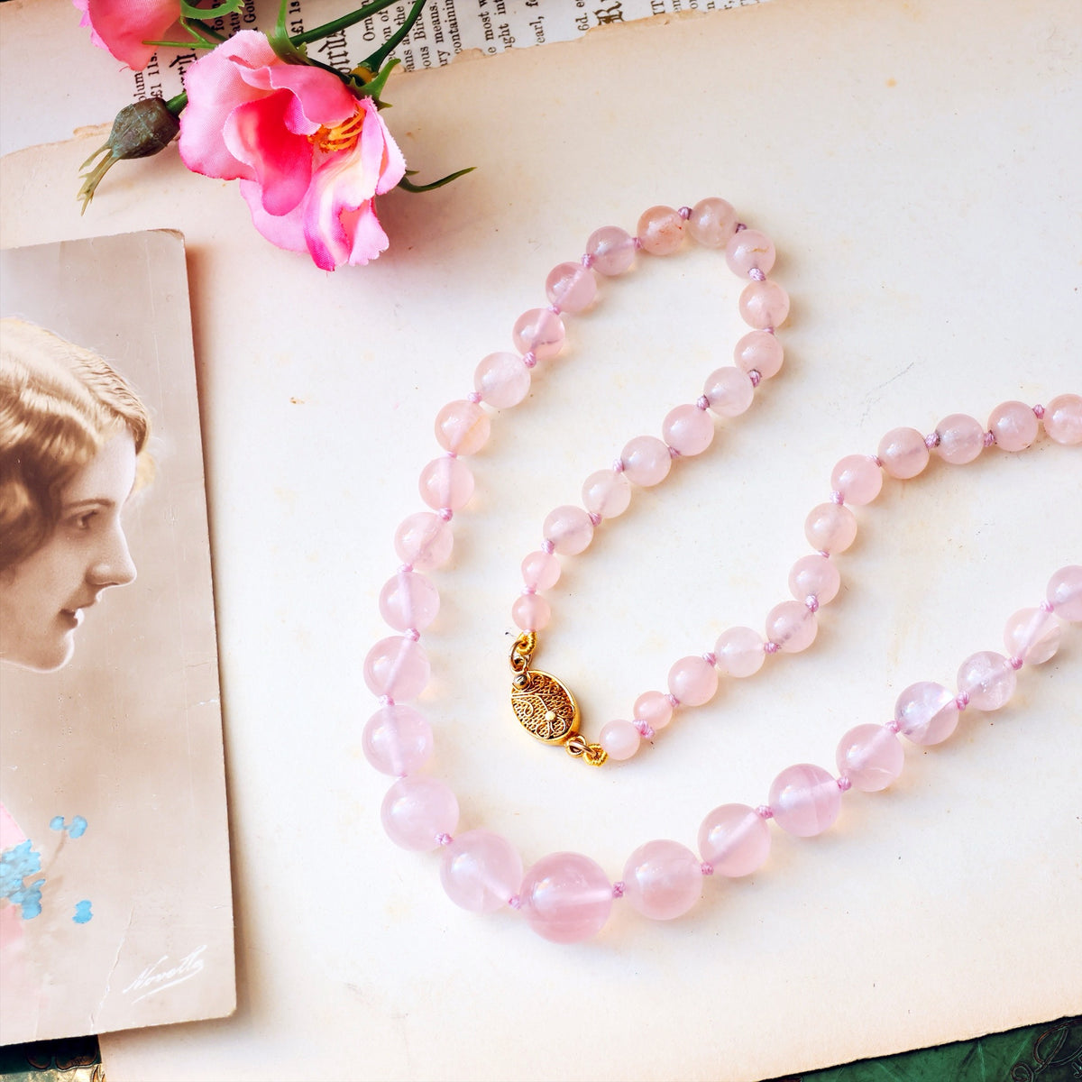 Vintage Chinese Export Rose Quartz Bead Necklace