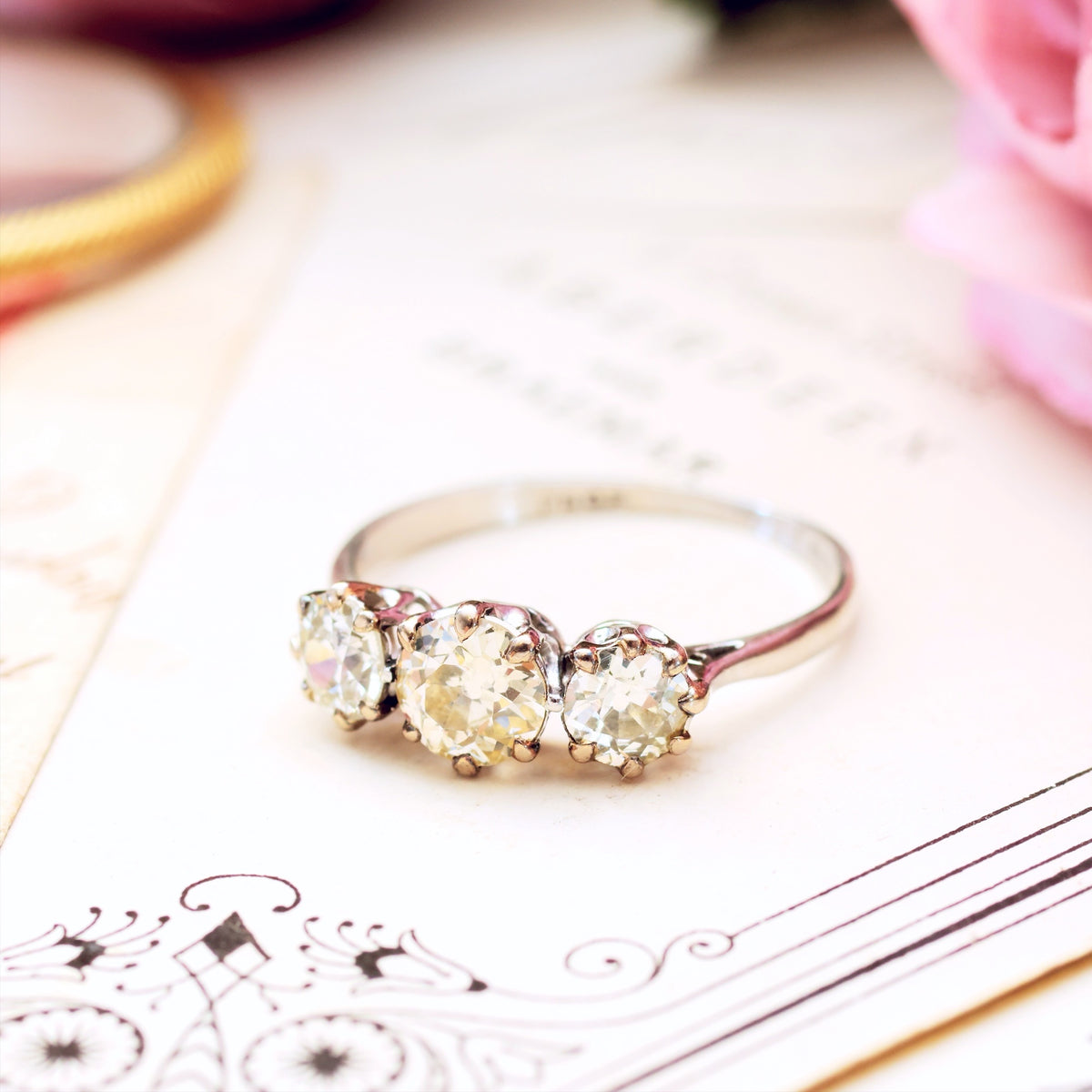 Vintage Platinum Three Stone Diamond Engagement Ring