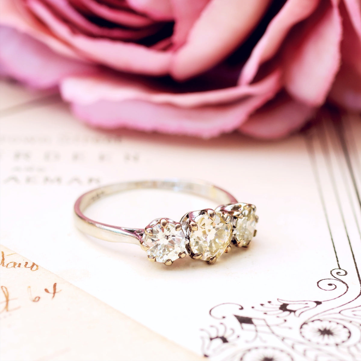 Vintage Platinum Three Stone Diamond Engagement Ring