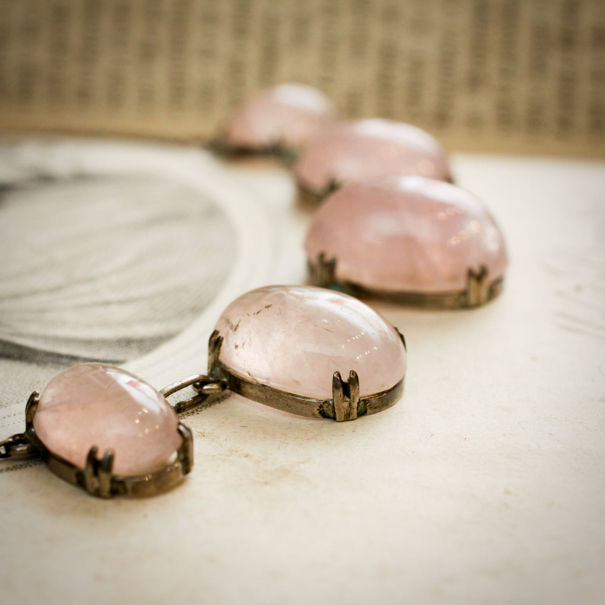 Antique Rose Quartz and Silver Necklace