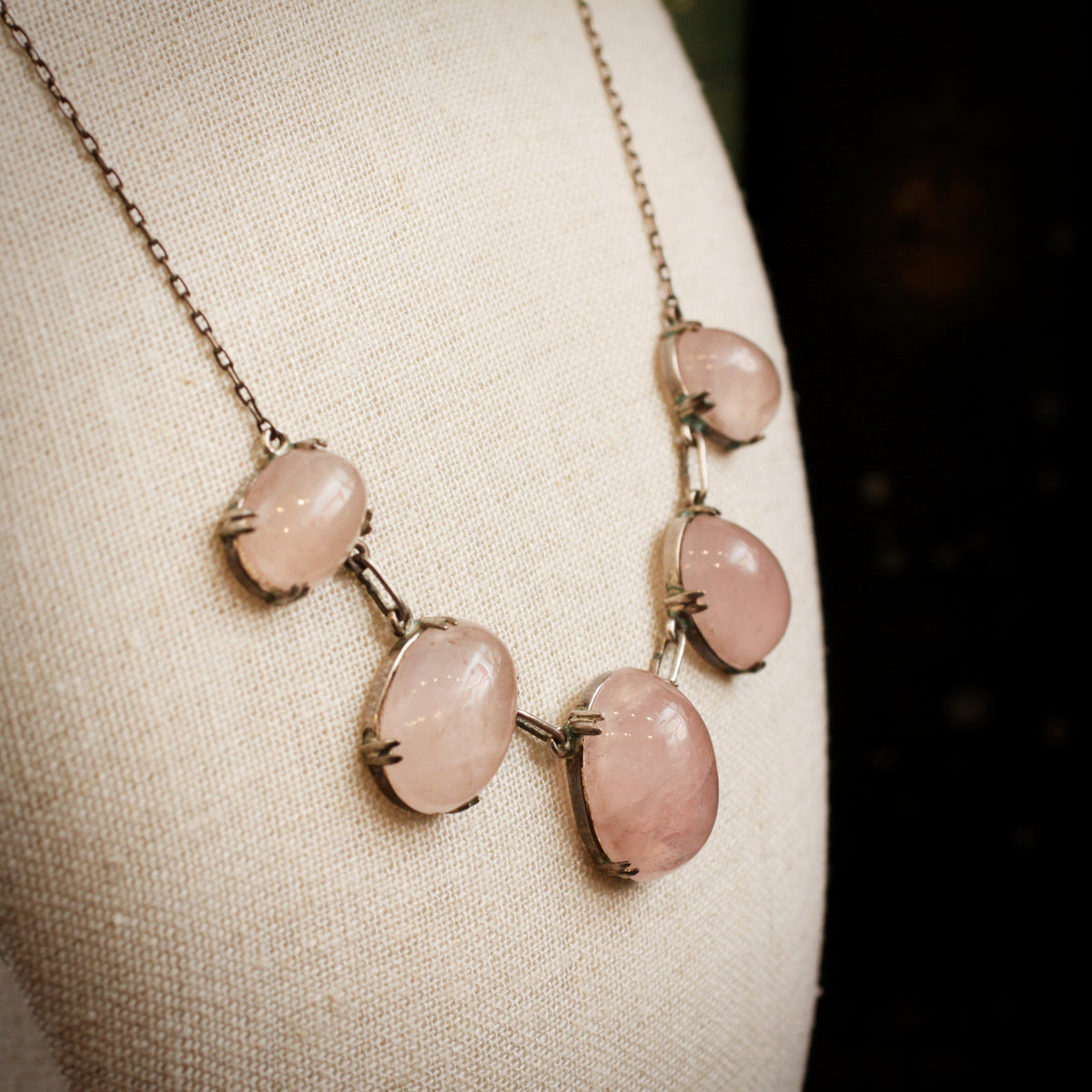 Antique Rose Quartz and Silver Necklace