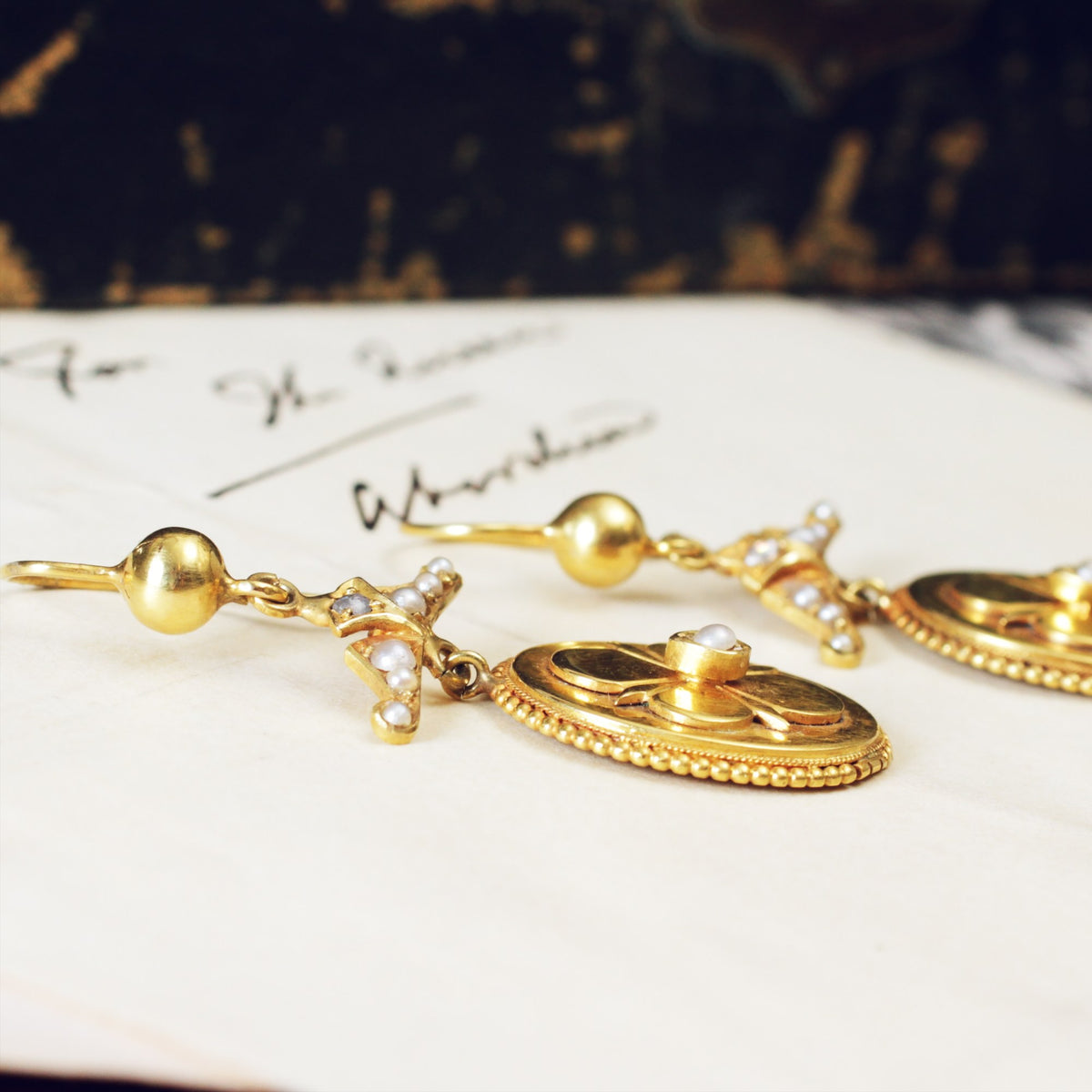 Dreamy Antique 15ct Gold Diamond & Pearl Earrings