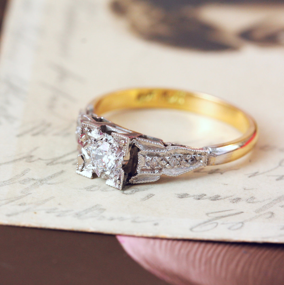 Art Deco 18ct Gold and Platinum Diamond Solitaire Ring