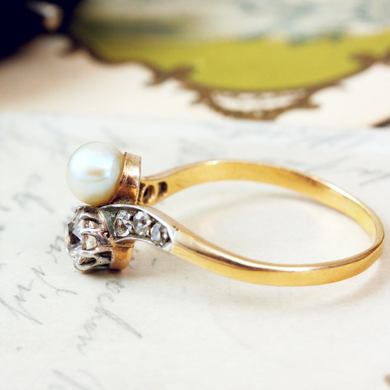 Beauteous Antique Pearl and Diamond Crossover Ring