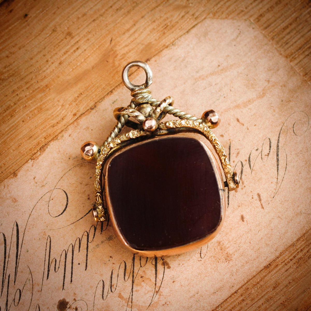 Date 1897 9ct Gold Heliothrope & Carnelian Swivel Fob