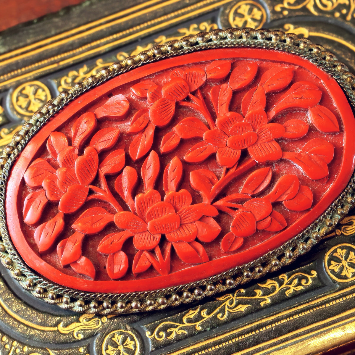 Vintage Chinese Import Cinnabar Brooch