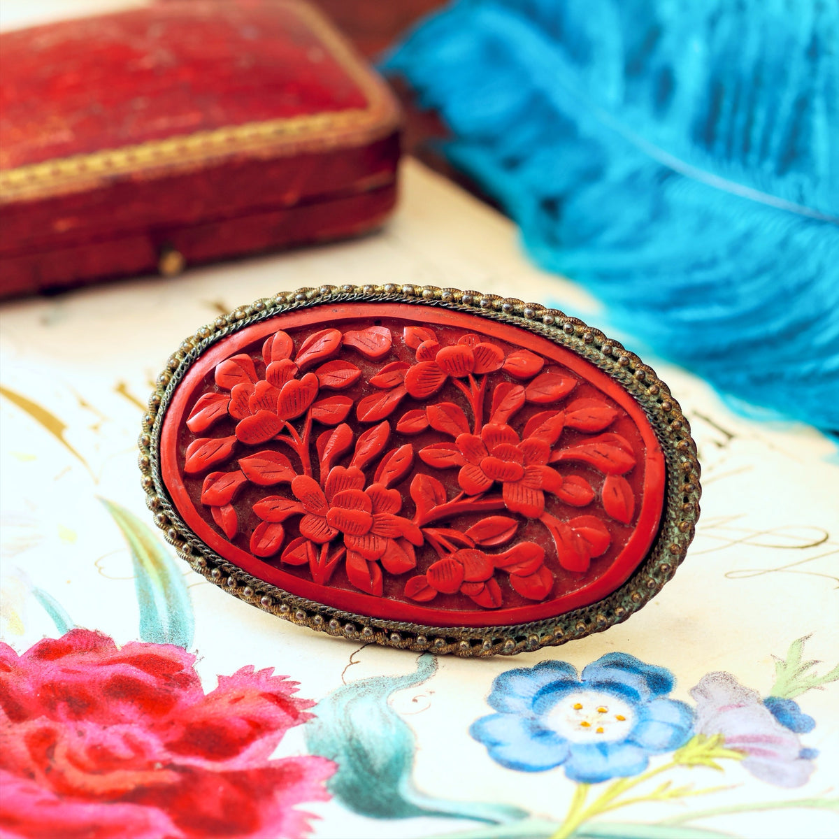 Vintage Chinese Import Cinnabar Brooch