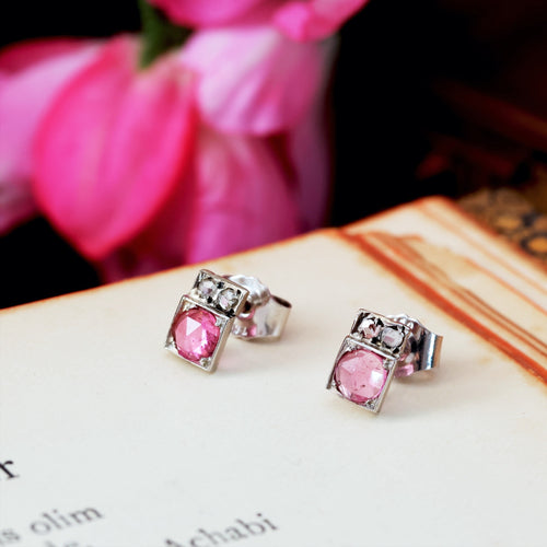 Vintage Pink Tourmaline & Diamond Stud Earrings