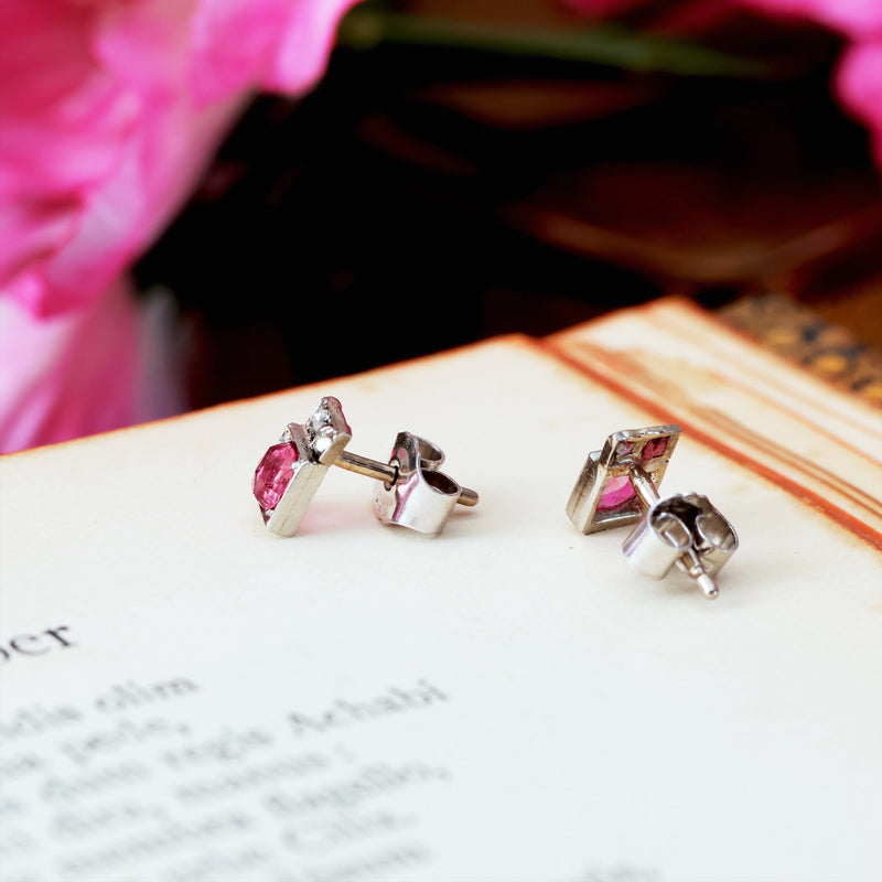 Art Deco Pink Tourmaline & Diamond Stud Earrings