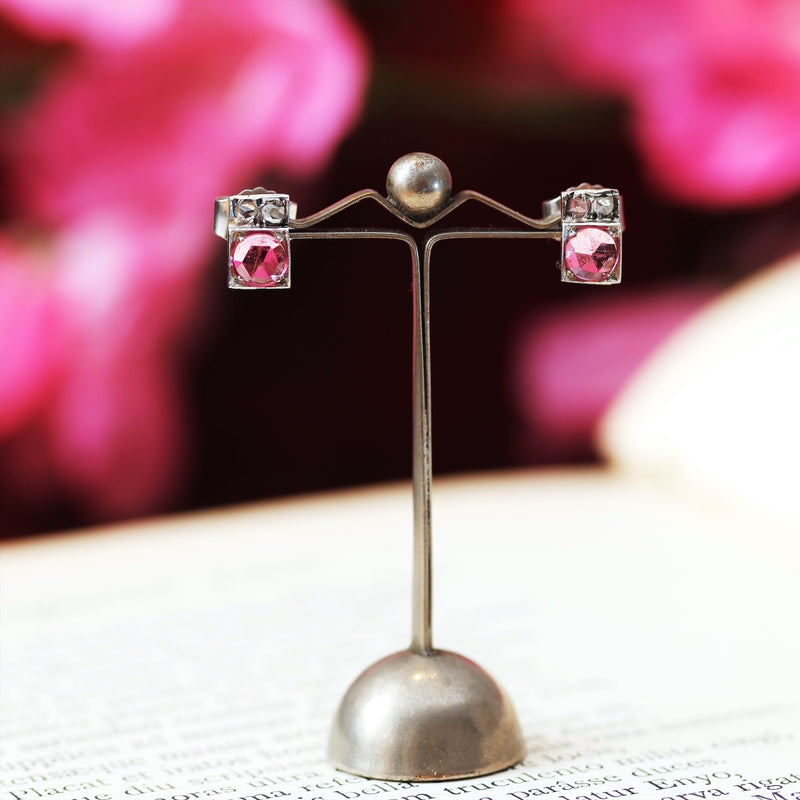 Art Deco Pink Tourmaline & Diamond Stud Earrings