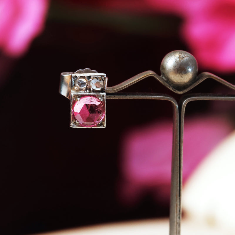 Art Deco Pink Tourmaline & Diamond Stud Earrings